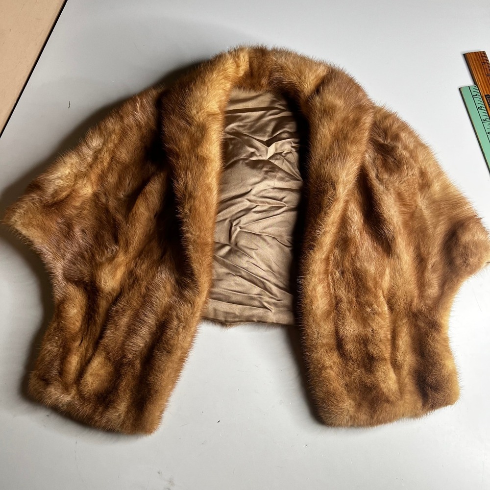 Vintage Honey Brown Mink Fur Stole Wrap Shawl Satin Lined Mid Century Elegant